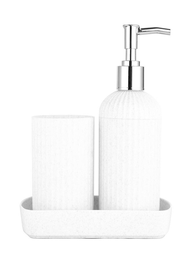 SHENRON Bathroom Accessories Set, Toothbrush Holder, Liquid Soap Dispenser & Tray, Unbreakable Plastic Organizer for Sink & Bathroom Essentials, Handwash, Sanitizer, Lotion & Shampoo (White,Pack of 3) - Image 1